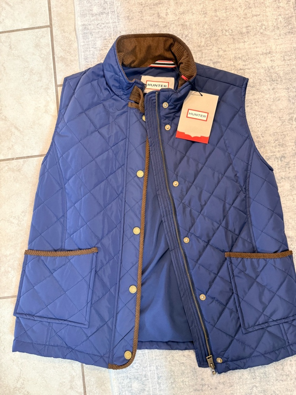 Hunter Quilted Navy Blue Vest with Brown Trim